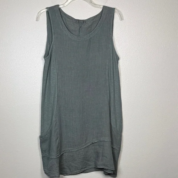 Cut Loose Linen Asym Tunic Dress M Sage Green Sleeveless Pocket Tiered Lagenlook - Picture 1 of 17